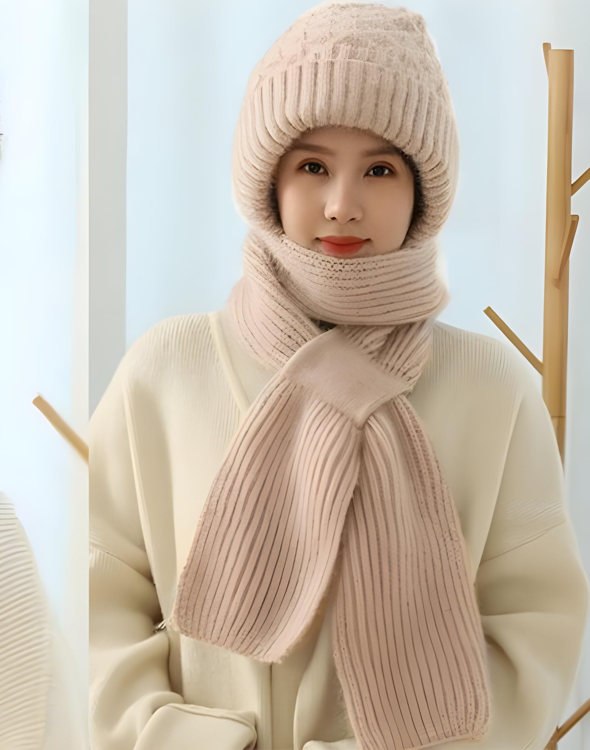 MASTANO Winter Cap for Women Woolen Cap with Muffler for Women, 2 in1 Winter Scarf Knitted Woolen Muffler (Cream) 3