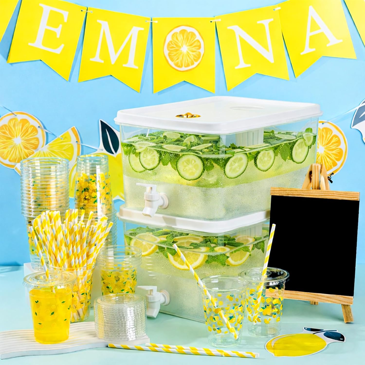 155 Pcs Lemonade Stand Supplies include 2 Pack 3.4 Gallon Drink Dispenser with Spigot,50 Sets 12oz Lemonade Disposable Cup with Lids Straws and Lemonade Banners, Blackboard
