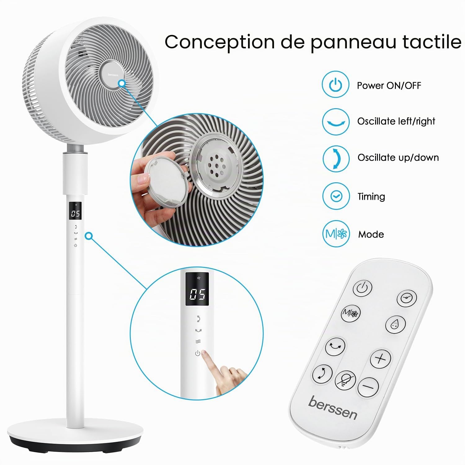 berssen Ventilateur sur Pied Silencieux Moteur DC 25dB Ventilateur de Circulation d'air, Oscillant 3D à 13 Vitesses 12h Minuterie, avec Panneau Tactile et Télécommande, Pour Bureau à Domicile