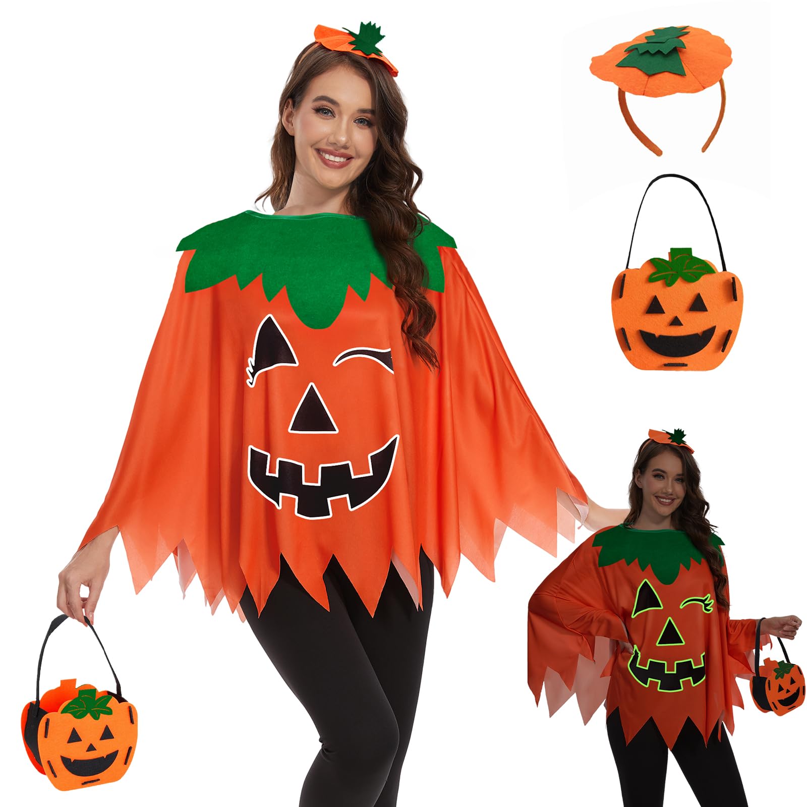 TMSD 3Pcs Women Halloween Pumpkin Glow in the Dark Poncho Orange Costume with Headband and Candy Bag, Y - Pumpkin A2