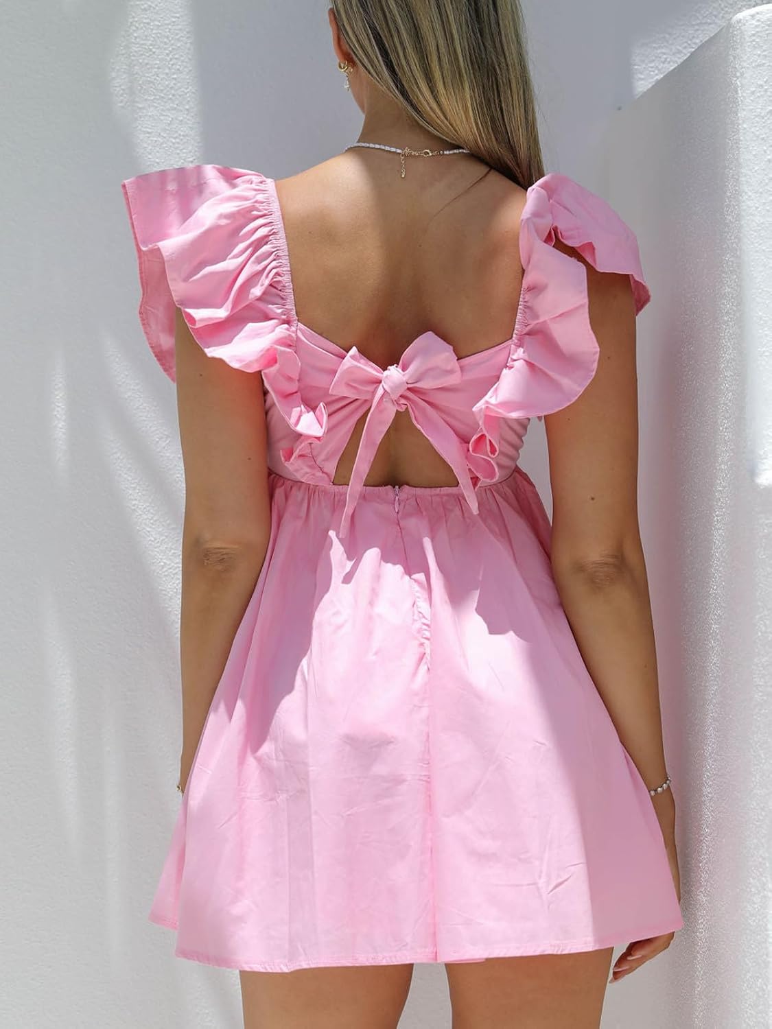 hibshaby Womens Sexy Deep V Neck Ruffle Sleeve Mini Dress Backless Lace Up Summer Dresses - Image 2