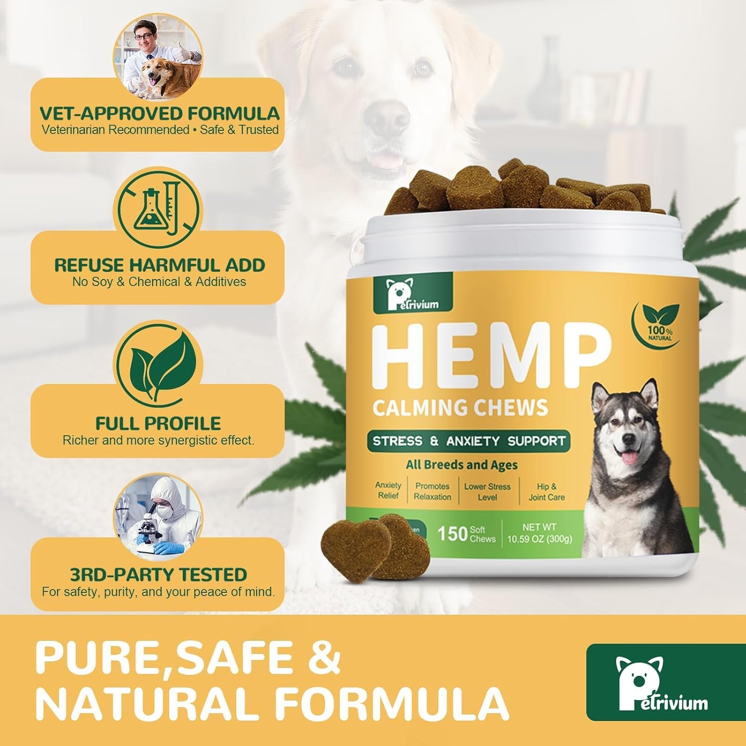 Hemp Calming Chews for Dogs, Calming Bites with Hemp Oil - Anti-Anxiety & Stress Relief Treat for Dogs Puppy Melatonin Sleep Aid Calm Dog with Separation, Noise,Thunder, Barking - 150Ct thumbnail