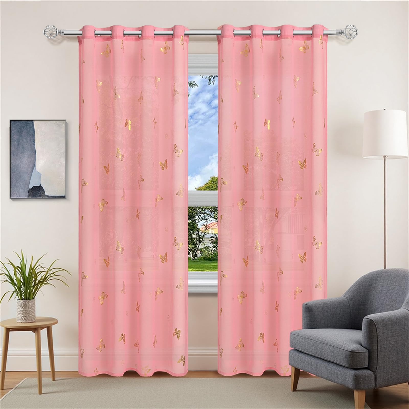 Surwin Translucidas Cortinas Salon, Estampado de Mariposas 2 Piezas Cortina con Ojales, Cocina Dormitorio Cortinas y Moderno Visillos Visillos Cortos para Ventanas (Rosa,132x213cm)