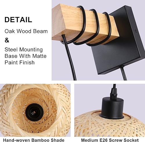 Miniatura 7 de Apliques de pared enchufables de granja para dormitorio, sala de estar, linterna de ratán de bambú, lámpara colgante de montaje en pared, lámpara