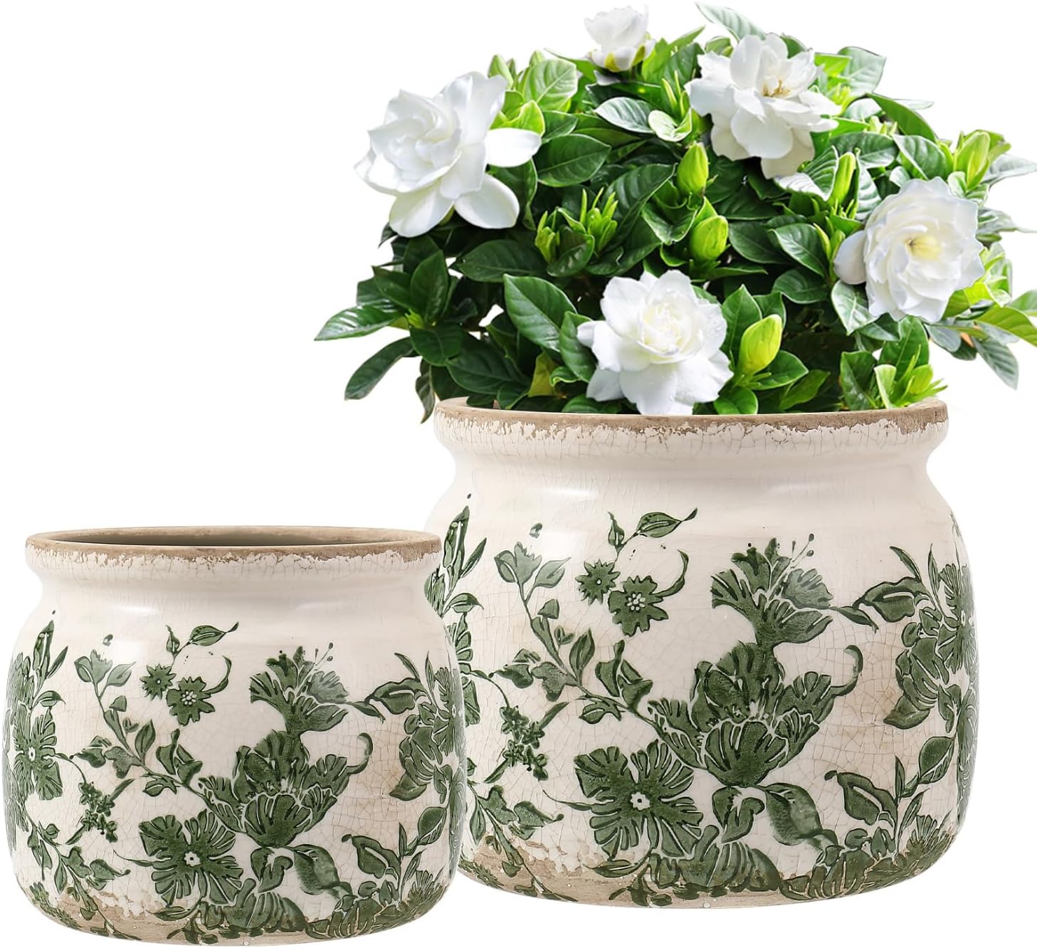 Vintage Ceramic Planters with Drainage Hole, Floral Plant Vases for Indoor Greenery, Tuscan Gardening Decor, Green Ceramic Planters for Christmas & Home Decor(2 Pcs)