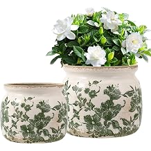 Vintage Ceramic Planters with Drainage Hole, Floral Plant Vases for Indoor Greenery, Tuscan Gardening Decor, Green Ceramic Planters for Christmas & Home Decor2 Pcs