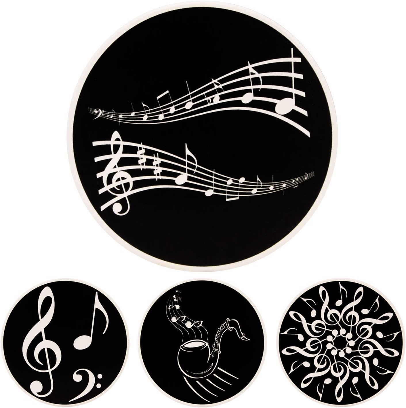 Coasters for Drinks Absorbent, Marble Coasters, Haina Drink Coasters Set of 4, Large 4.3", Music Style Coaster with Cork, Coasters for Coffee Table Desk, Funny Ceramic Coasters for Home Decor, Black