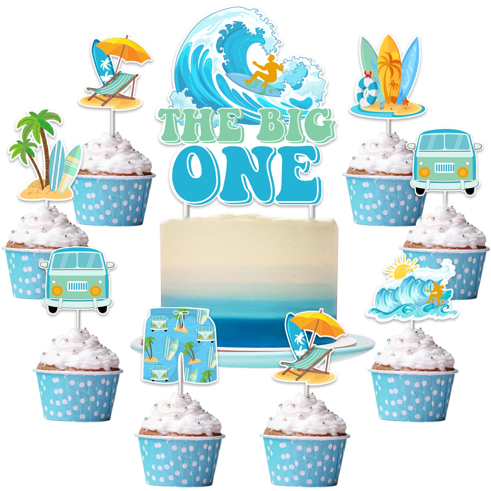 JOYMEMO 25 piezas Surf 1st Cake Decoraciones para jóvenes niñas - Azul y Verde The Big One Surf Birthday Cake Topper con Surf Themed Cupcake Toppers
