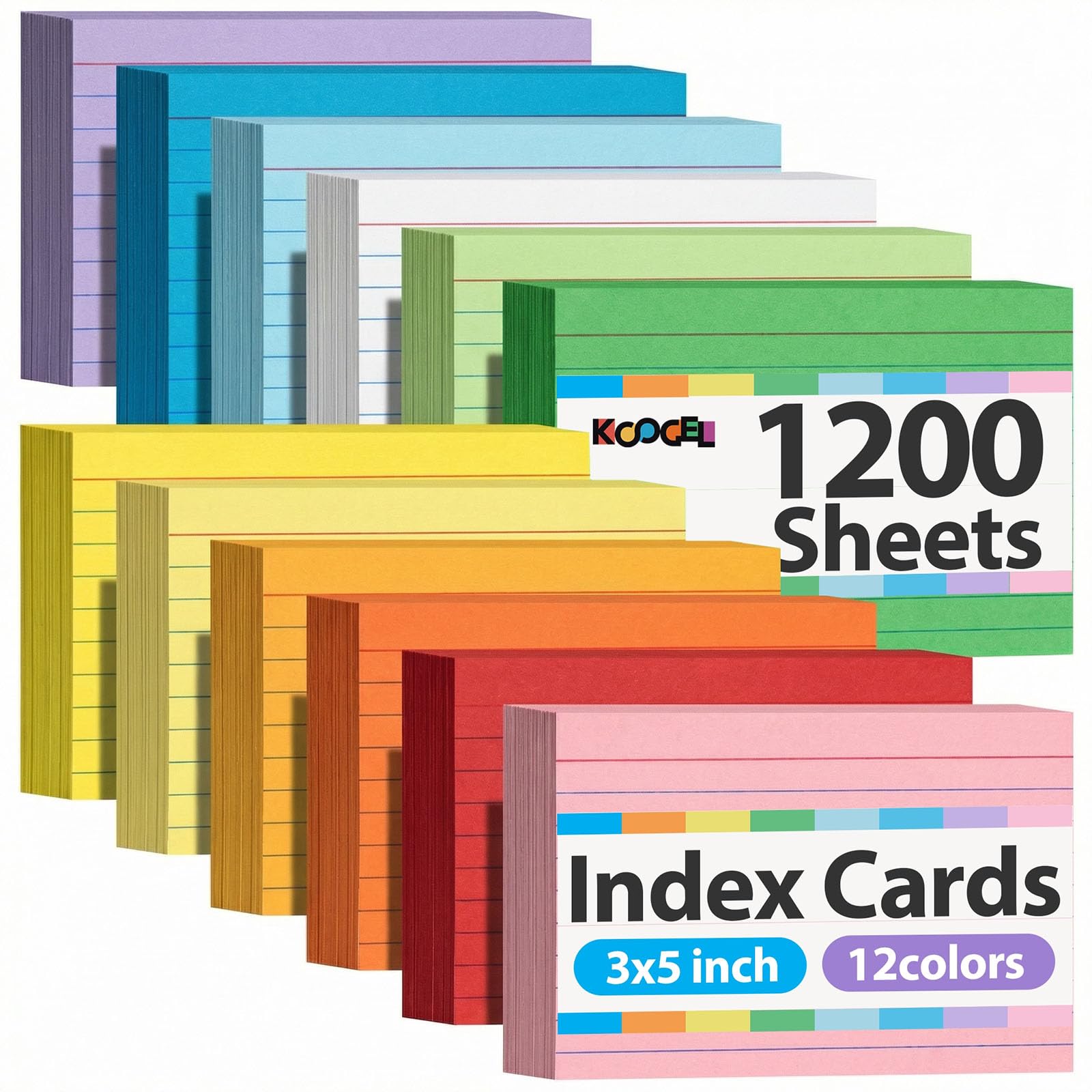 Koogel 1200PCS Index Cards 3x5, Colored Ruled Index Cards Bulk for Back To School, Heavy Notecards Memo Scratch Pad for Studying Teachers Classroom