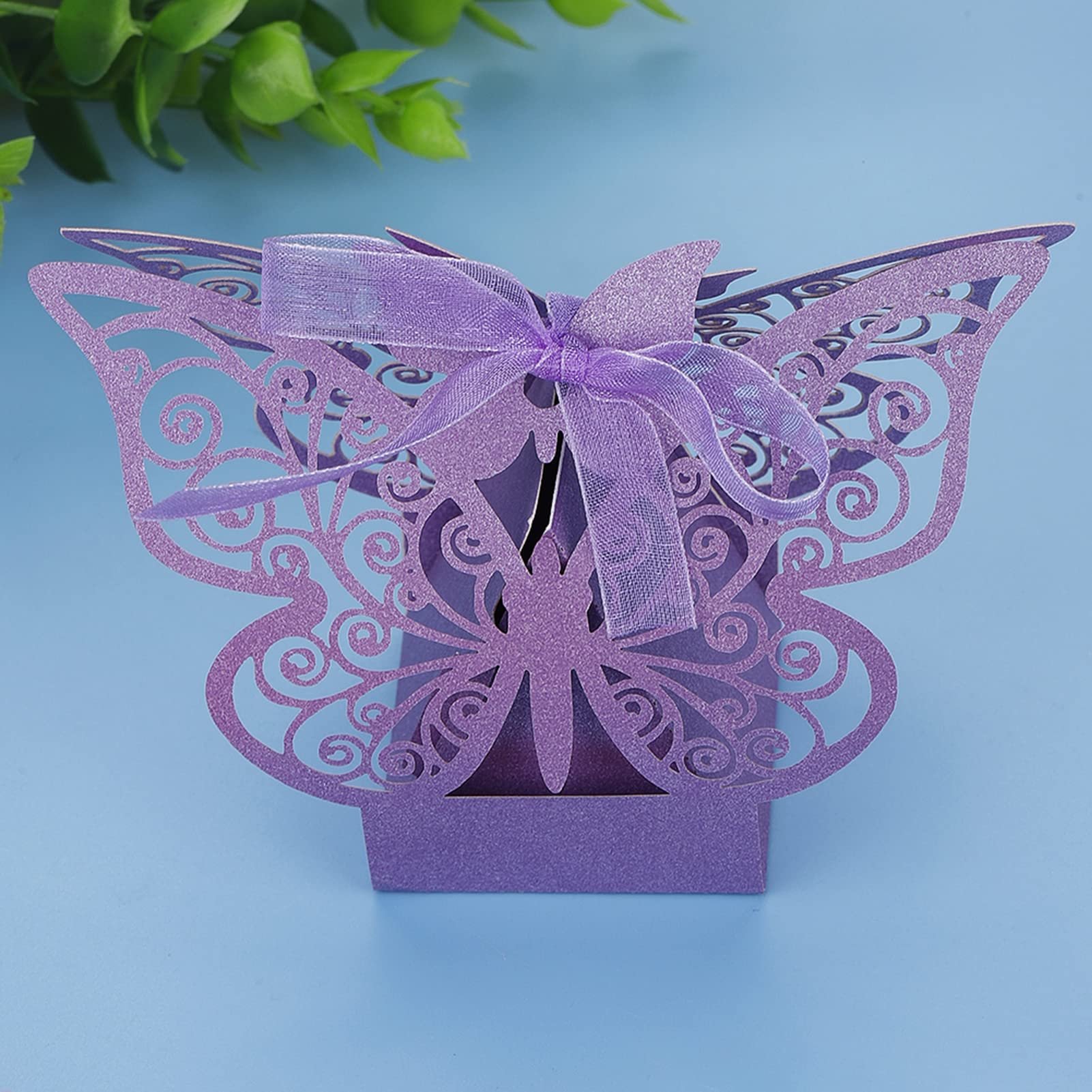 Gugxiom Caja de Regalo de Fiesta de Boda, 100 Unidades, Cajas de Mariposas con Cinta, Cajas de Recuerdos de Caramelos, para Fiestas de Boda, Recuerdos de Cumpleaños, Suministros de (Morado Claro)