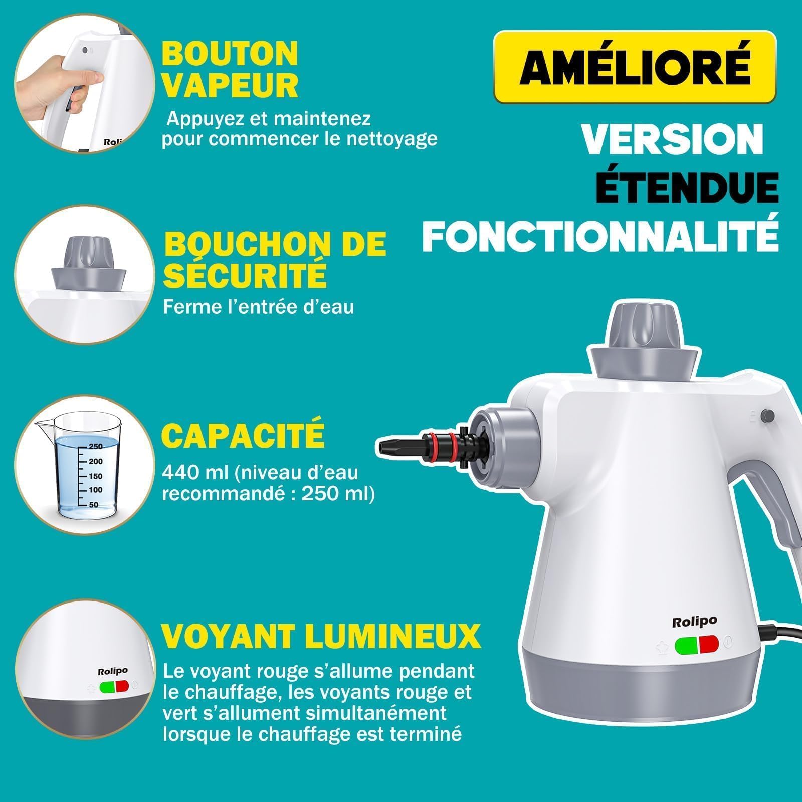 Nettoyeur Vapeur Portatif 1050W, Nettoyage Haute Température – 100% Sans Chimie Désinfection, Appareil Multifonction pour Cuisine, Salle de Bain, Voiture, Sols et Tissus