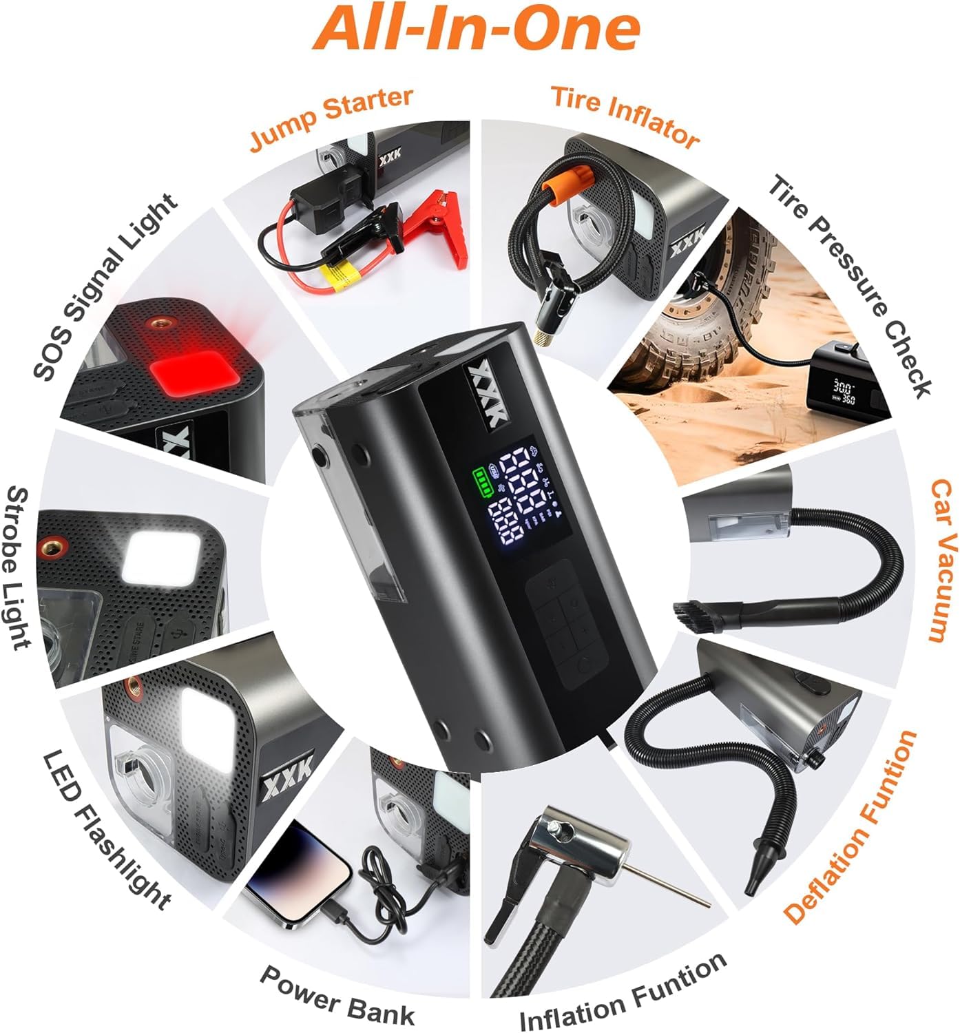 XXK 160PSI Tire Inflator - Jump Starter & Power Bank -8