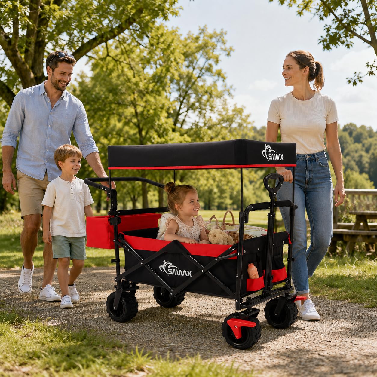 SAMAX Bollerwagen mit Dach Faltbar - Handwagen Transportwagen Gerätewagen Faltwagen - klappbar mit Bremse und Hecktasche - für alle Offroad Gelände geeignet - Schwarz/Rot