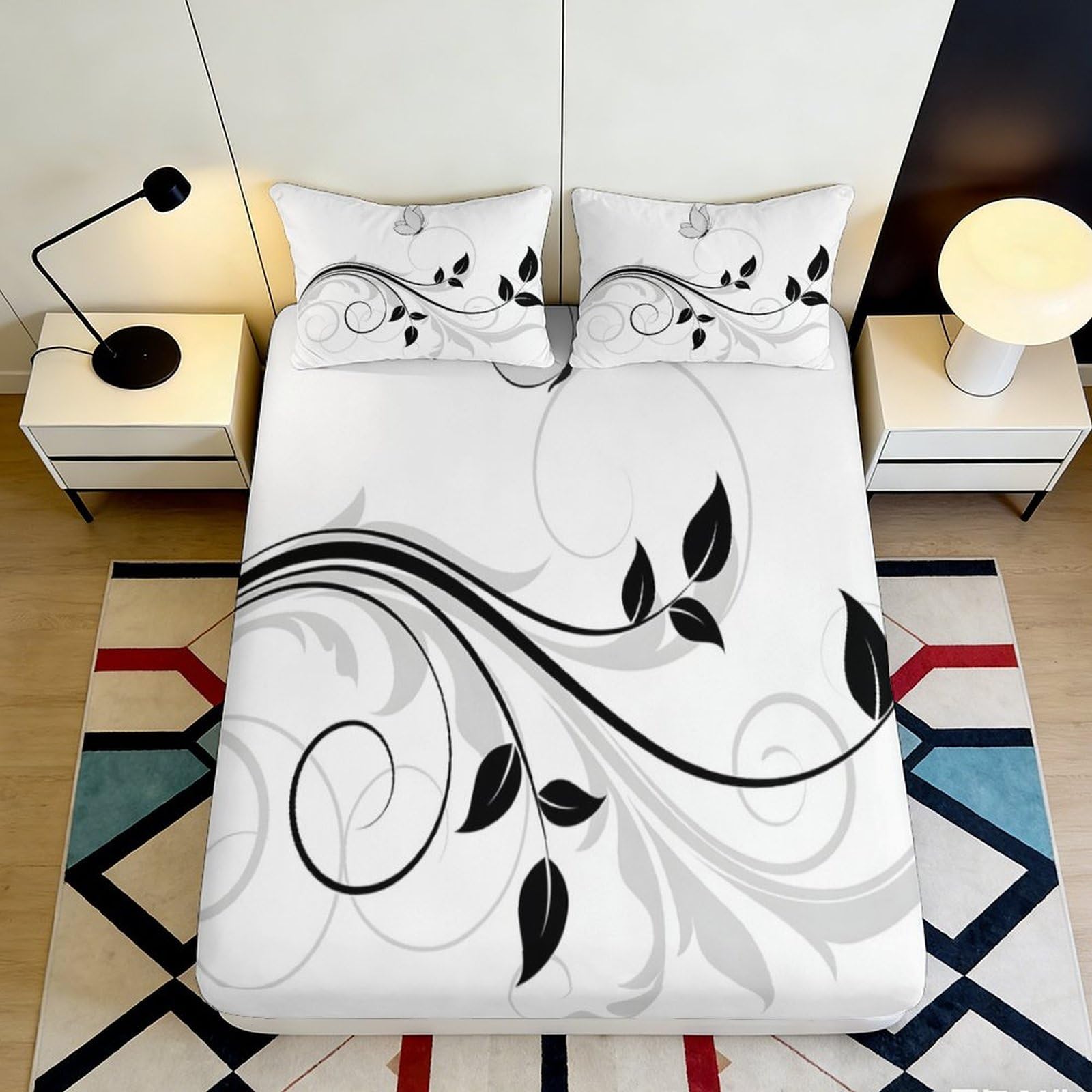 3D Printed Black Leaf Swirl Fitted Sheet Microfiber Bed Cover for Bedroom Guest Room Dustproof Washable Decor 90x200x25cm