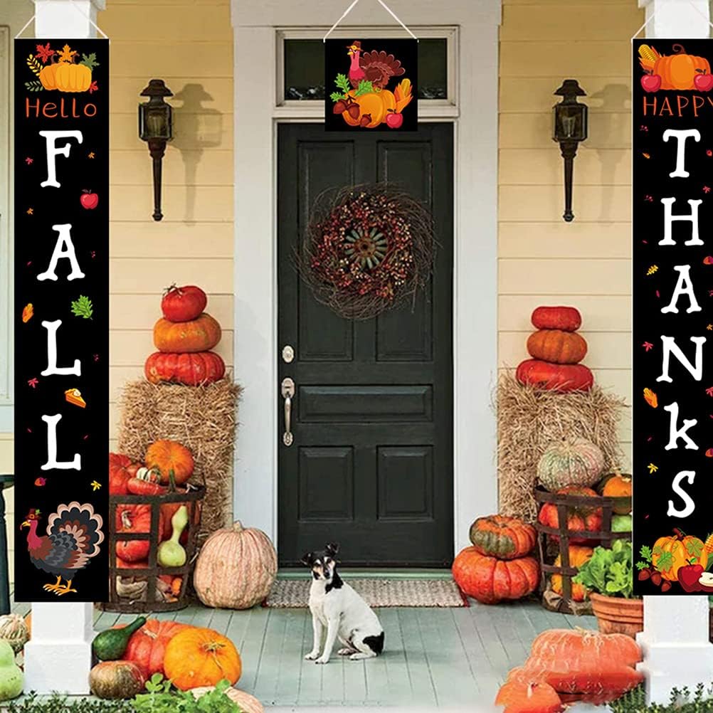 LUOZZY 3 Pcs Hello Fall Banner Thanksgiving Door Banner Couplet Harvest Festival Door Decorations