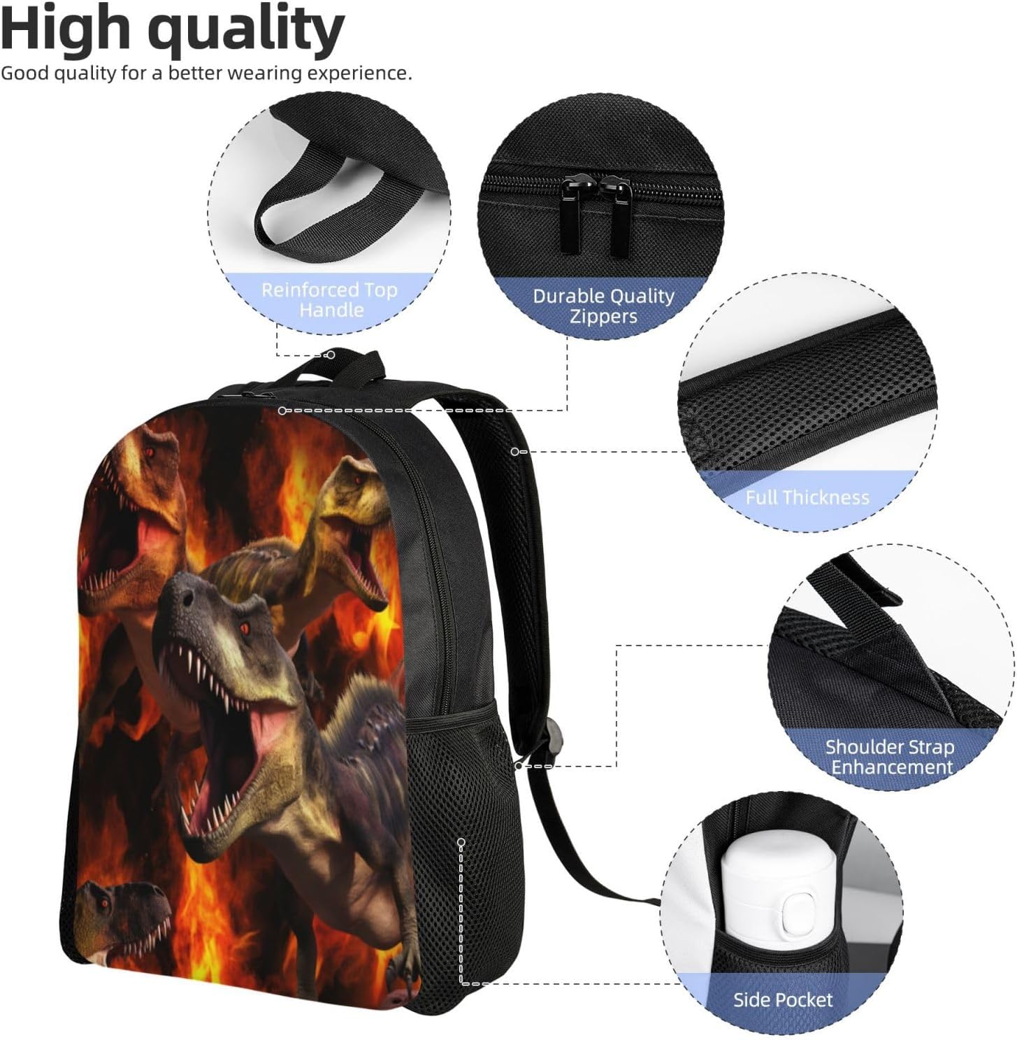 Funny Backpack Dinosaur Printed Backpack Animal Aesthetic Bookbag Black Simple Modern Lightweight Backpack With Mesh Side Pocket Large Laptop Backpack, 17 inch