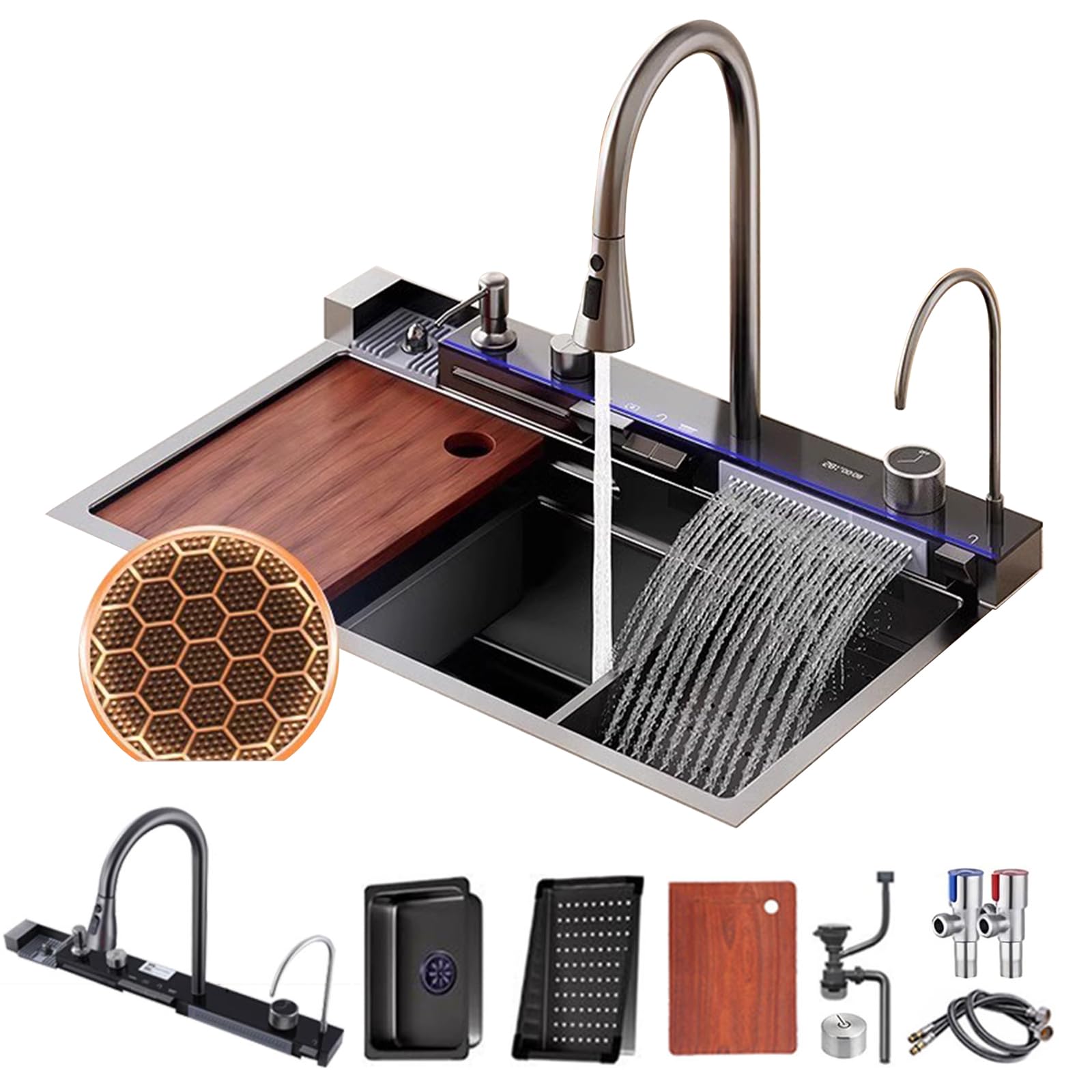 FIVIXIL Kitchen Sink Whale Double Waterfall Sink with LED Display with Cup Washer, soap Dispenser, Waterfall Mixer, countertop Controls, etc Workstation Kitchen (68 * 46 * 22cm, Gun Grey)