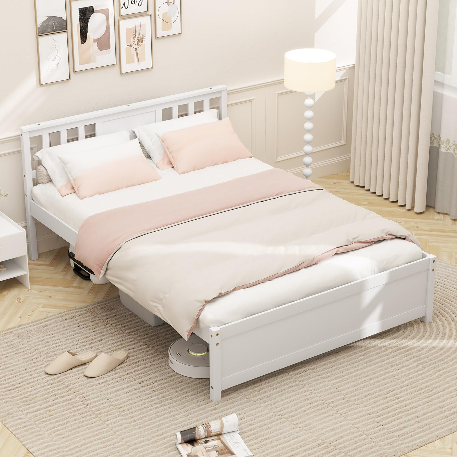 KOMFOTT Full Size Wood Platform Bed Frame with Headboard, Solid Wood Platform Bed with Slat Support & Under Bed Storage, Mid-Century Bed Frame