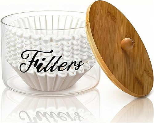 Cididu Soporte para filtro de café con tapa de bambú, soporte de vidrio grande para cápsulas de café para mostrador, cesta dispensadora de filtro
