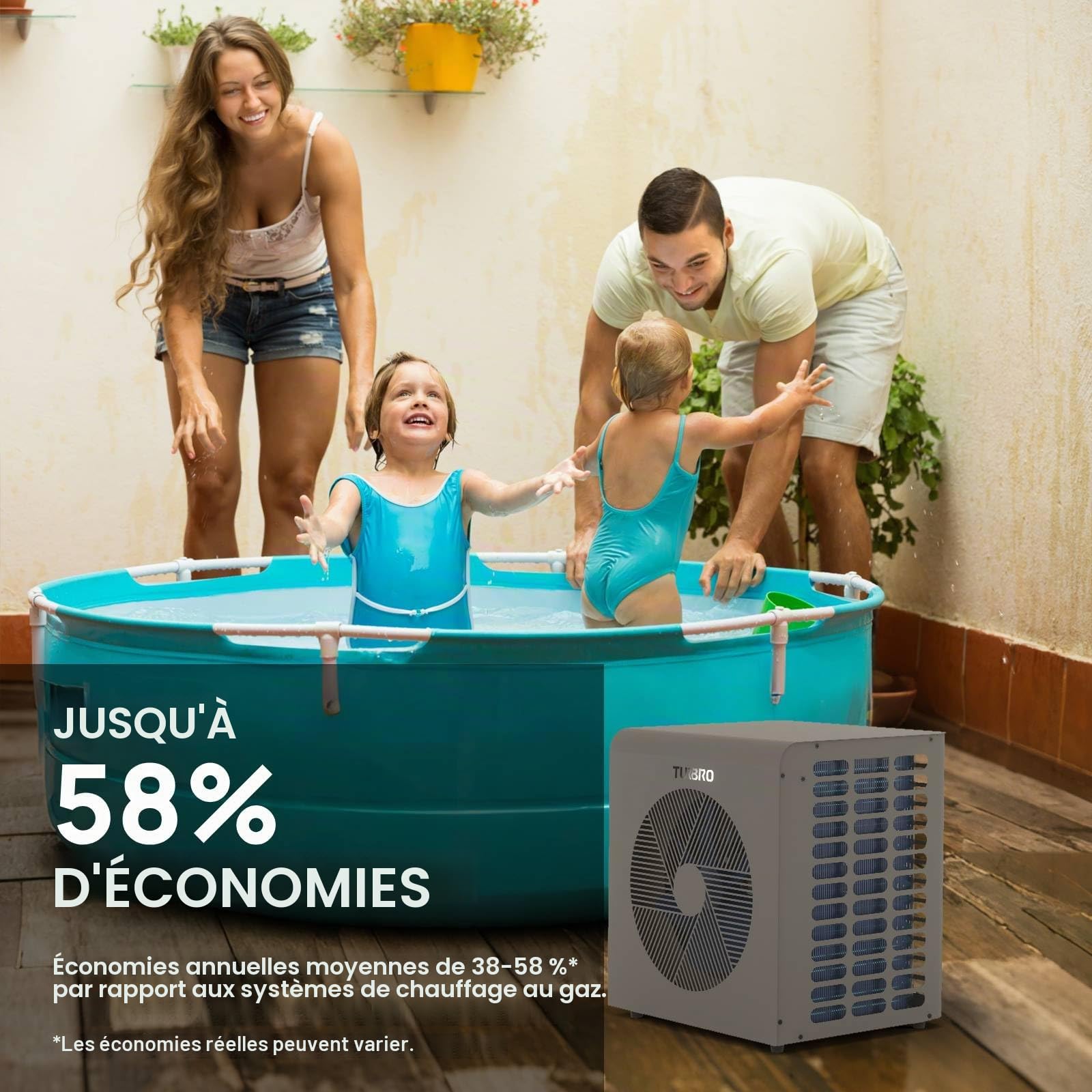 TURBRO Pompe à Chaleur Piscine 6000W Hors-Sol et Spa, 20m³, Titane | Chauffage et refroidissement, COP jusqu'à 9,38, compresseur DC Inverter, vanne 4 voies, IPX4, installation facile