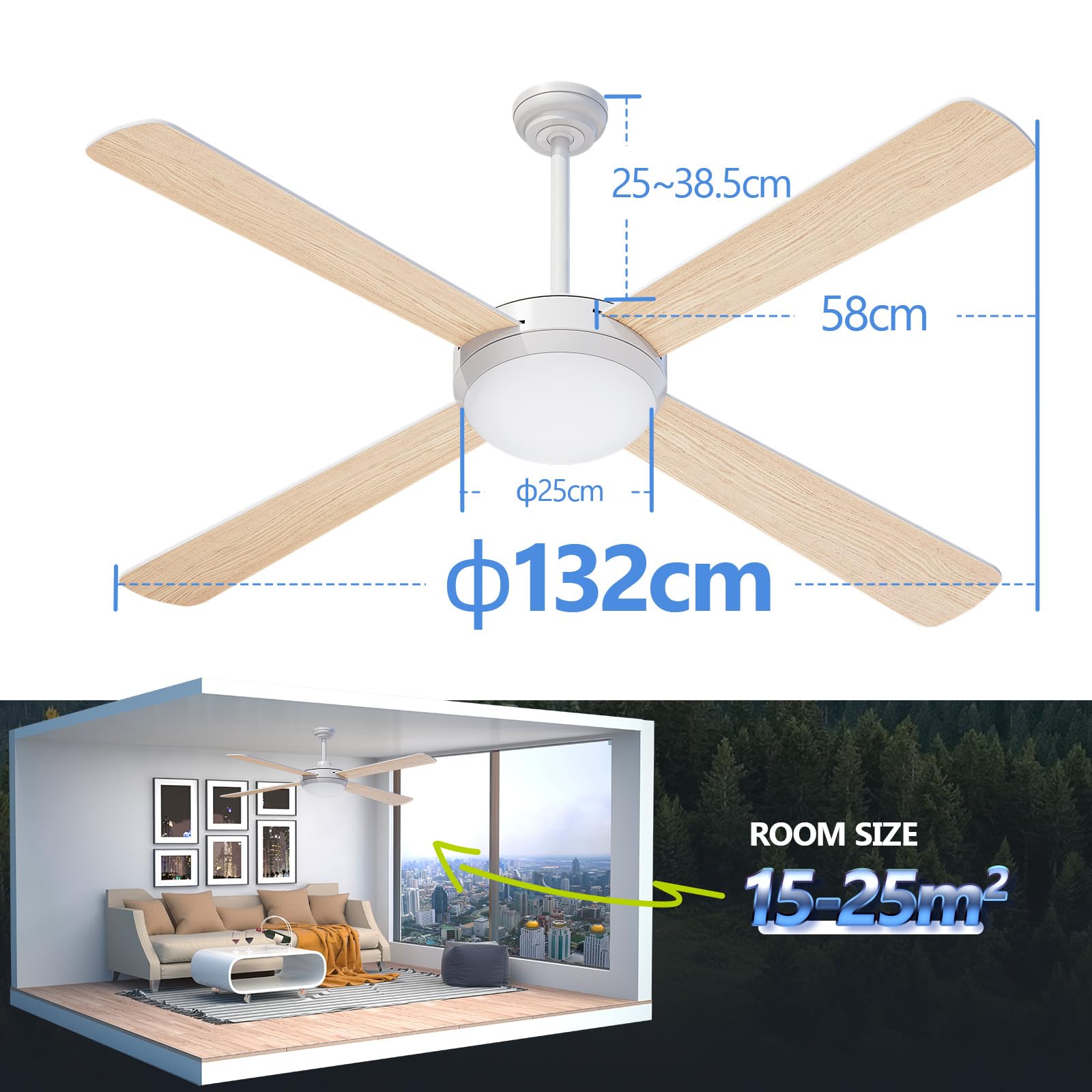 HOOLED Ventilatore da soffitto con luce DC Motore Brushless, 4 Lama 52 inch, velocità del vento regolabile a 6 velocità con funzione di temporizzazione, luce LED regolabile in 3 colori