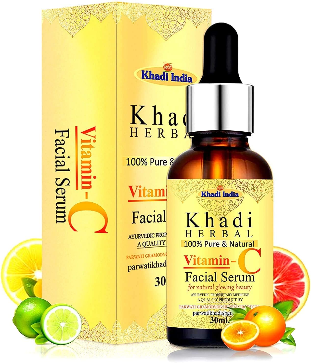 khadi Herbal Vitamin C Serum For Face, With Hyaluronic Acid for Glowing Skin, De-Pigmentation, Skin Brightening, Men and Women, Natural Beauty Secrets, 30ml