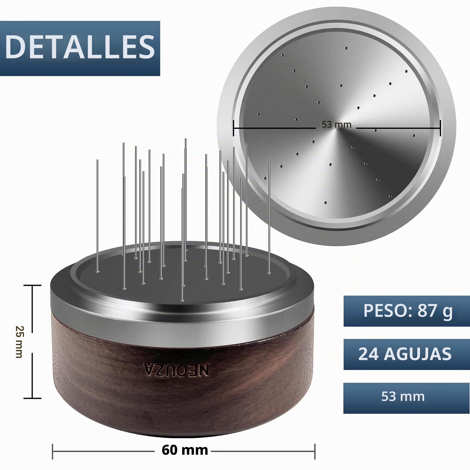 NEOUZA Palm WDT Tool - Agitador giratorio de espresso con tapa, 24 pines, 3 longitudes recortables, nivelador de distribución accesorios para portafiltros de cafetera (53 mm)