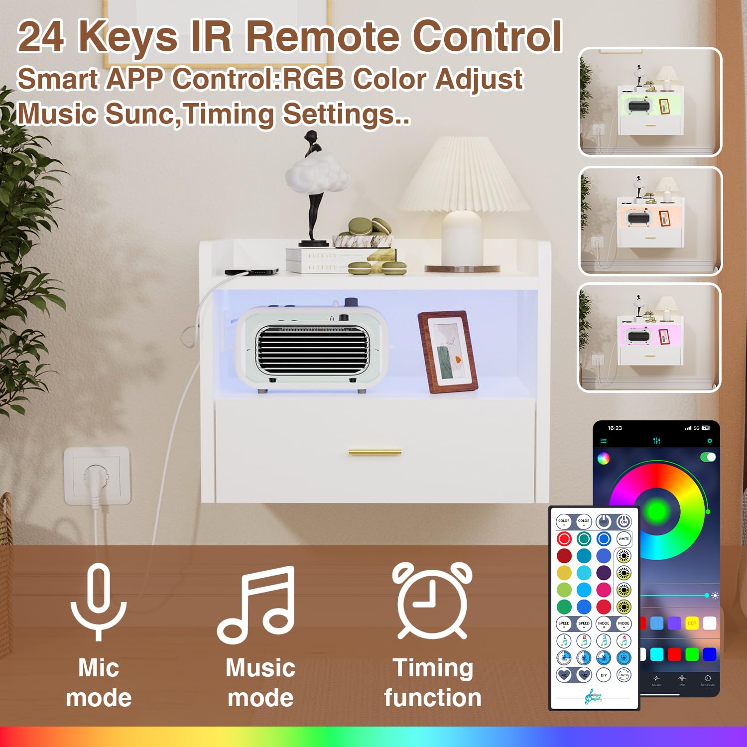 Set di 2 Comodino Sospeso Comodino da Parete con Presa e Striscia Luminosa RGB Comodini con 1 Cassetto e 1 Scomparto per Camera da Letto, Soggiorno, Bianco