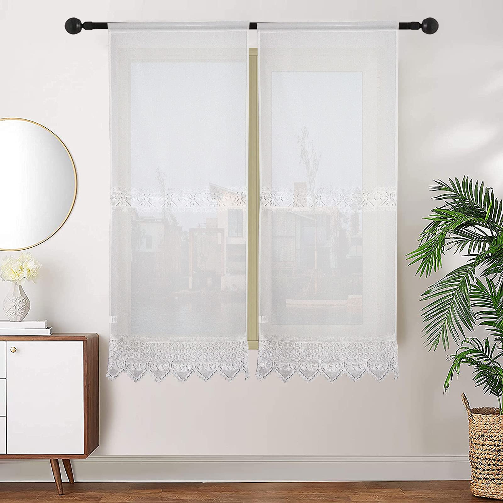 Coppia Tendine A Vetro Per Cucina Art Lille - Effetto Lino Seta Con Fiocco E Farfalla - Motivo Scozzese Grigio 60x150cm