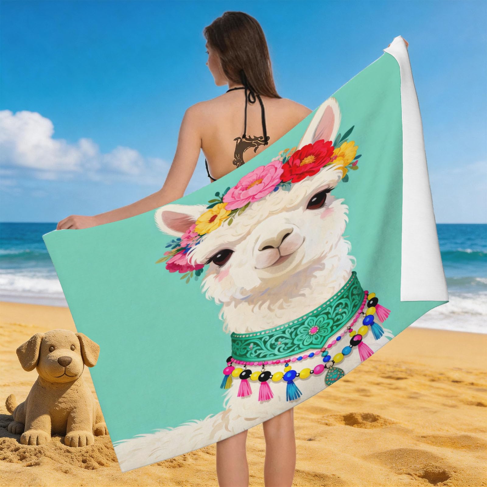 Leichong 3D Cartoon Alpaca Beach Towel Large Microfiber Soft Quick Dry for Adults, Cartoon Animals Bath Towel Lightweight Soft Absorbent for Travel Swimming Pool Sports, 80 x 160 cm