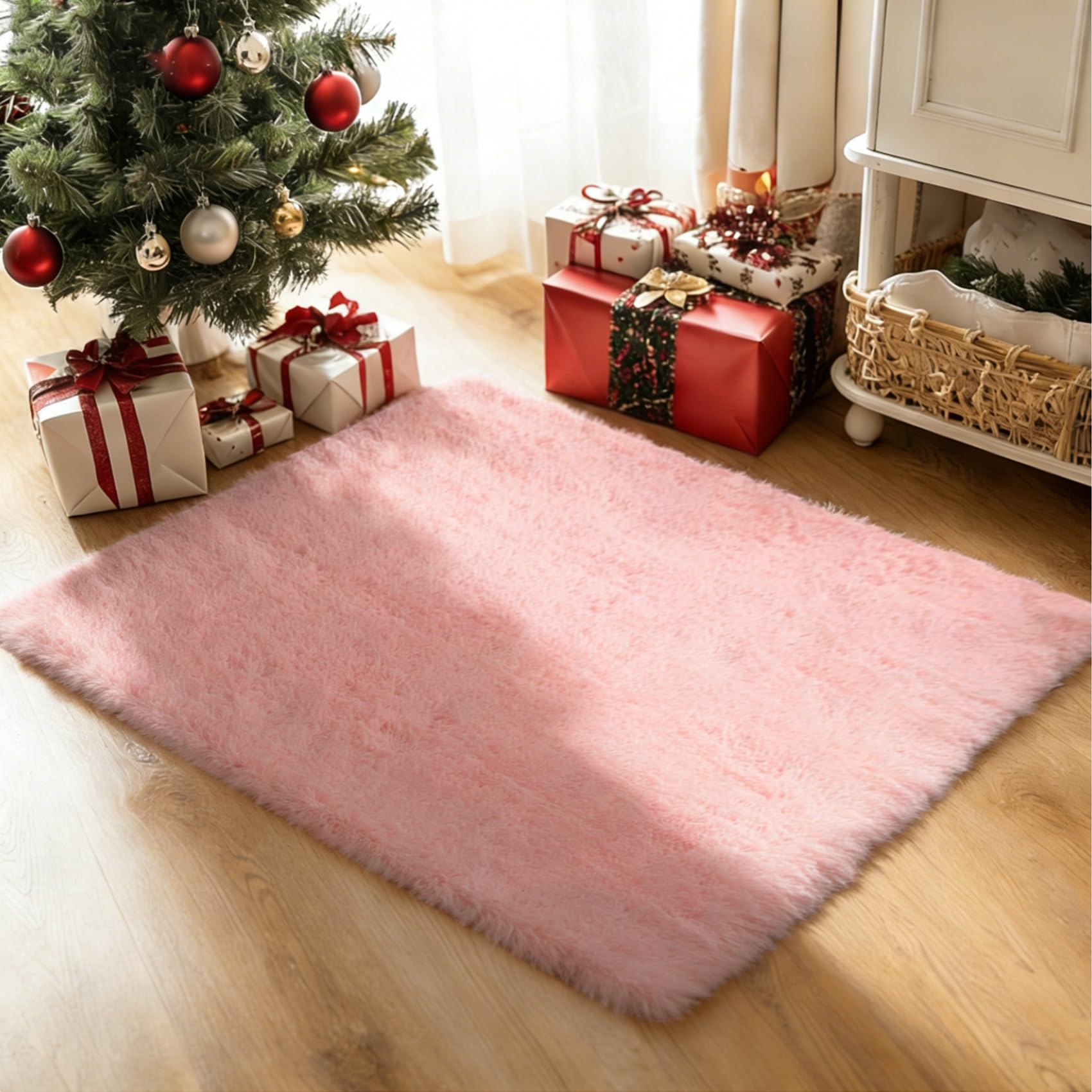 Tapis salon lavable antidérapant épais rose pour chambre