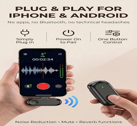3 in 1 Wireless Lavalier Microphones for iPhone/Android/Camera, 2 Pack Mini Microphone LED Display Lapel Omnidirectional Mic with Mute/Reverb/Noise Reduction for TikTok/Podcast/Vlog Recording