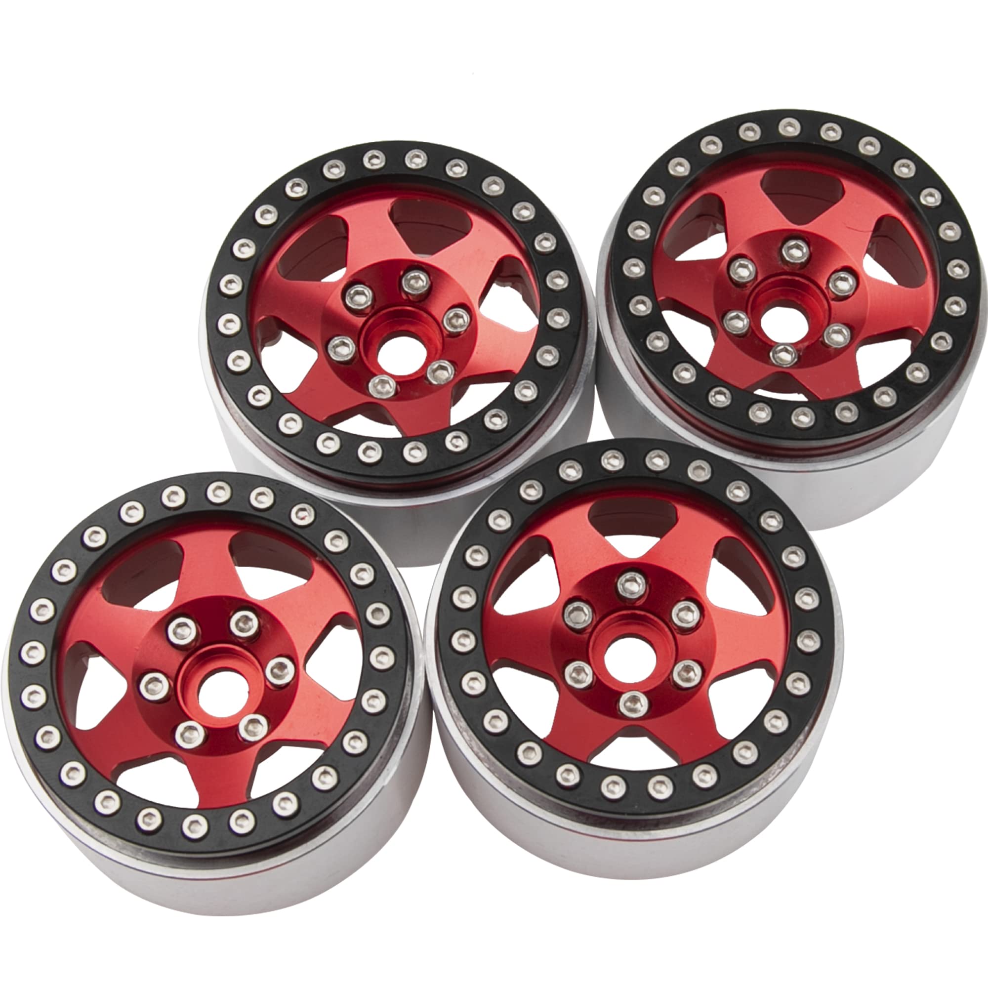 MOHERO 1.9" Alloy Beadlock Wheel Rims - 4 Pack For 1/10 RC Crawlers Like Axial SCX10, CC01, D90 (Red+Black) - View #2