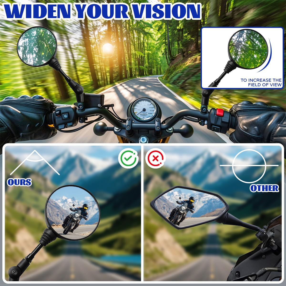 UHETELET 2 PCS Espejos Retrovisores Universales para Moto, Retrovisor para Manillar de Moto, ATV, Cruiser o Scooter, Espejo Retrovisor Redondo Giratorio 360° con Rosca M8/M10 Derecha y Abrazadera