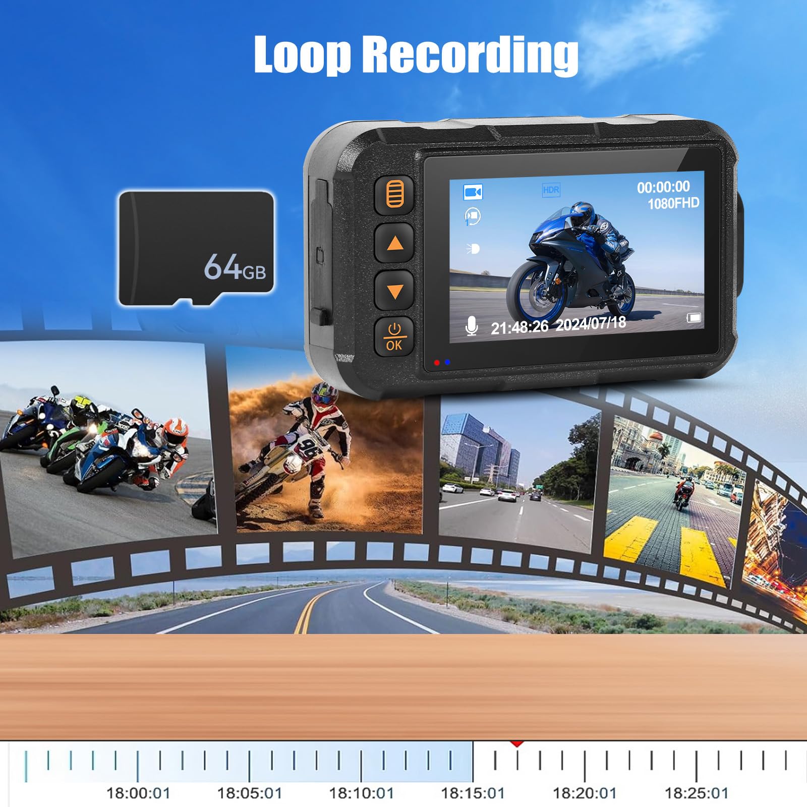 CAMECHO Moto Dash Cam 3 Pollici Schermo con 64GB TF Scheda, IP67 Impermeabile Doppia Telecamere Grandangolare 120 Gradi 90 Gradi Fotocamera per Moto con HDR, G-Sensor, Registrazione in Loop