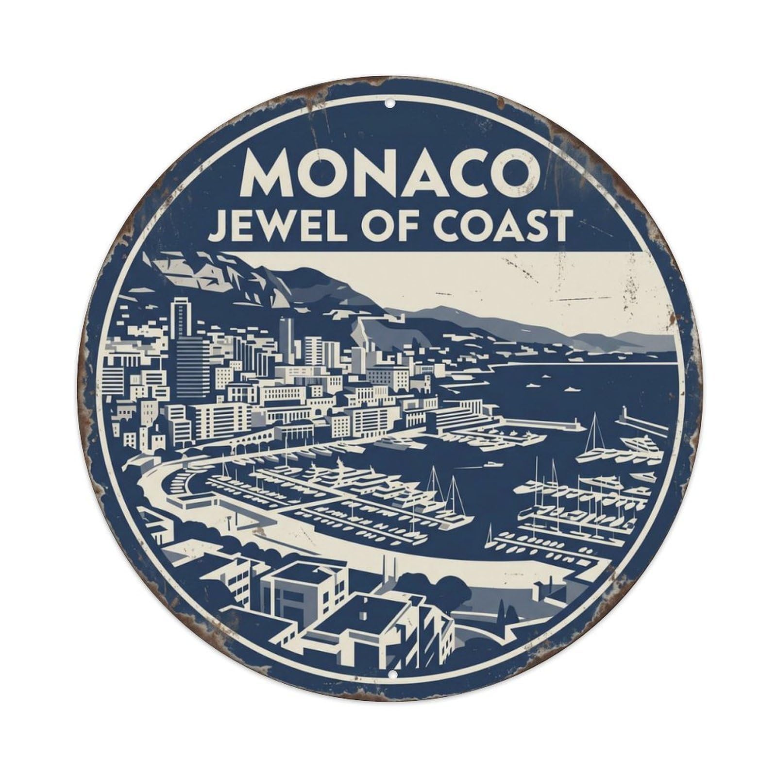 Vintage Travel Monaco Harbor France Metal Tin Sign Plaque Wall Decor for Cafe, Club Bar, Office, Home Garden Round Metal Poster 8x8Inch