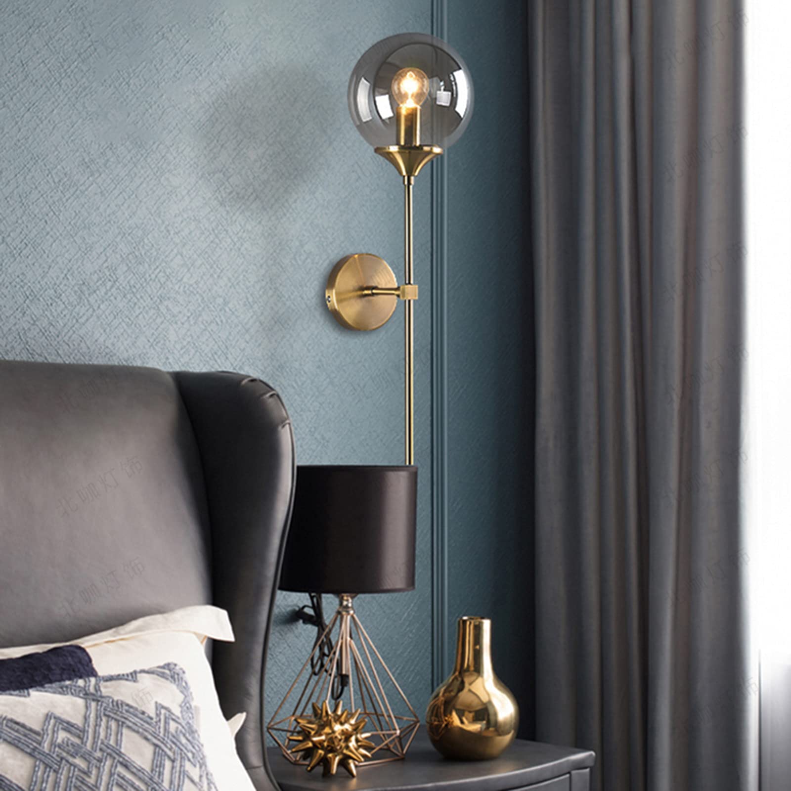 Industrielle Vintage Wandleuchte Glas Globus Ruie mit Gold Langer Arm Wandleuchte Gold Wandleuchte Nachttischlampe (Aschgrau)