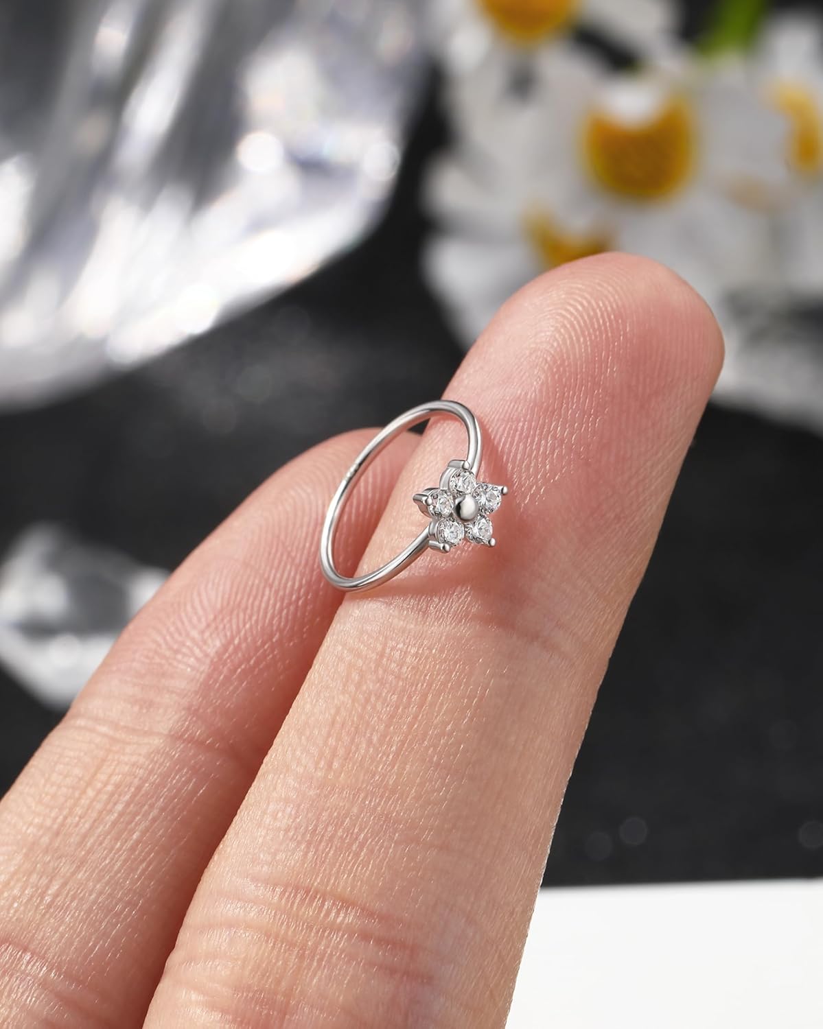 Jewseen 925 Sterling Silver Nose Rings Hoops 20g 14K White Gold Plated Nose Ring for Women Flower Nose Piercing Jewelry Sterling Silver Notril Hoop - Image 8