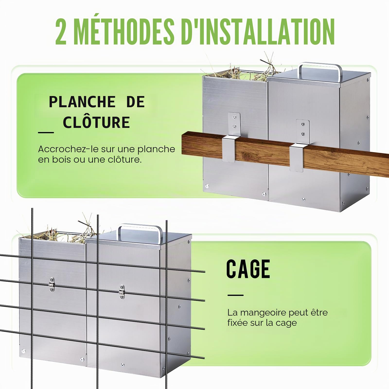 Râtelier à foin 2 en 1 en acier inoxydable - Distributeur de nourriture pour lapins - Litière pour chat - Bouteille d'eau - Gamelles pour hamster
