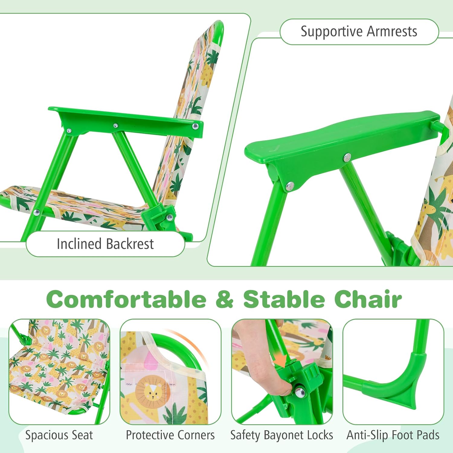 Costzon Kids Picnic Table, Kids Outdoor Table with 2 Folding Chairs, Height Adjustable Umbrella, Portable Children Outdoor Furniture for Patio, Garden, Backyard (Green Forest)