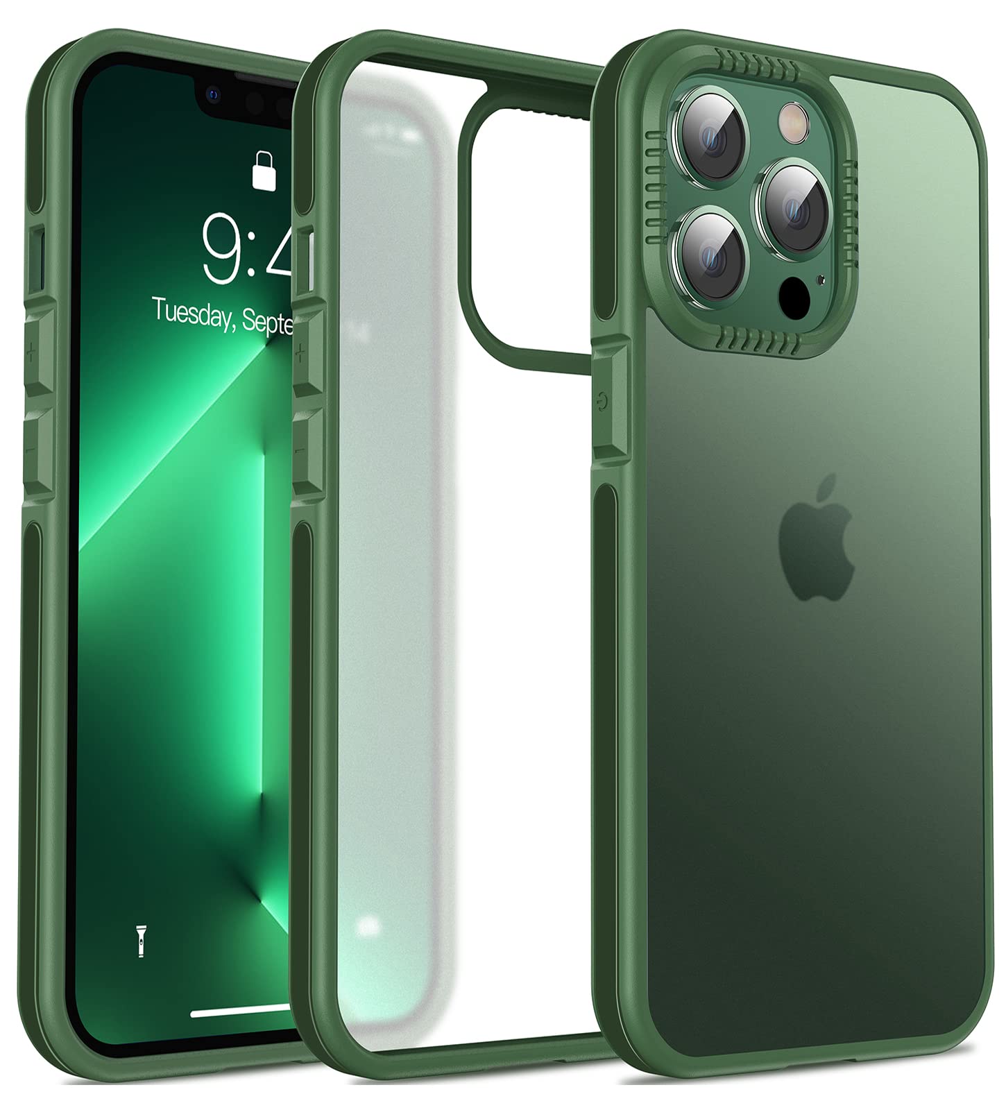 Casus Shockproof Translucent Matte Hard Back Cover with Soft Silicone Grip Frame Slim Thin Designed for iPhone 13 Pro Max Case (2021) - Green