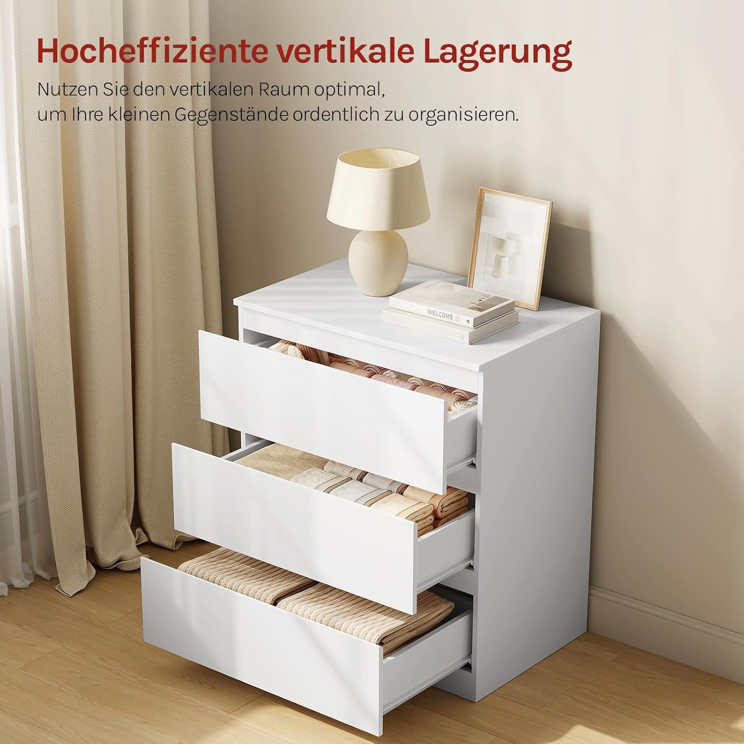 WOLTU Kommode mit 3 Schubladen, platzsparender Kommodenschrank | Sideboard in Hochglanz Weiß, für Wohnzimmer Schlafzimmer Büro, 80 x 78 x 48 cm
