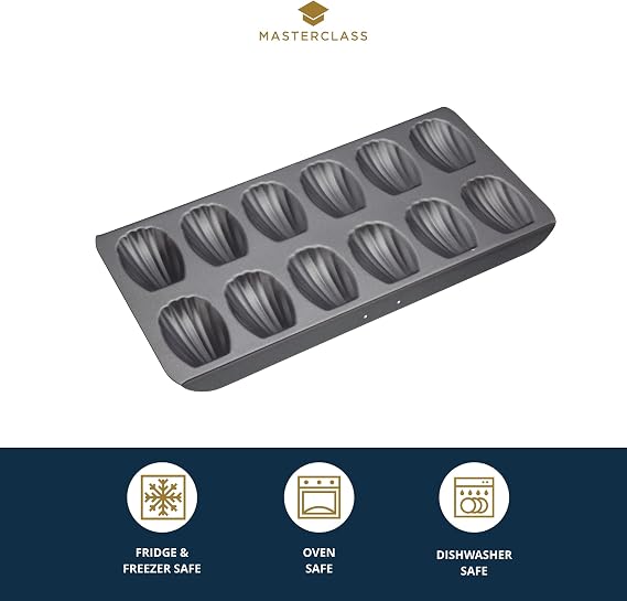 MasterClass Madeleine Tray with PTFE, PFOA and BPA Free Non Stick, Robust 1mm Thick Carbon Steel, 12 Hole Cake Mould, 4x 2 cm, Grey