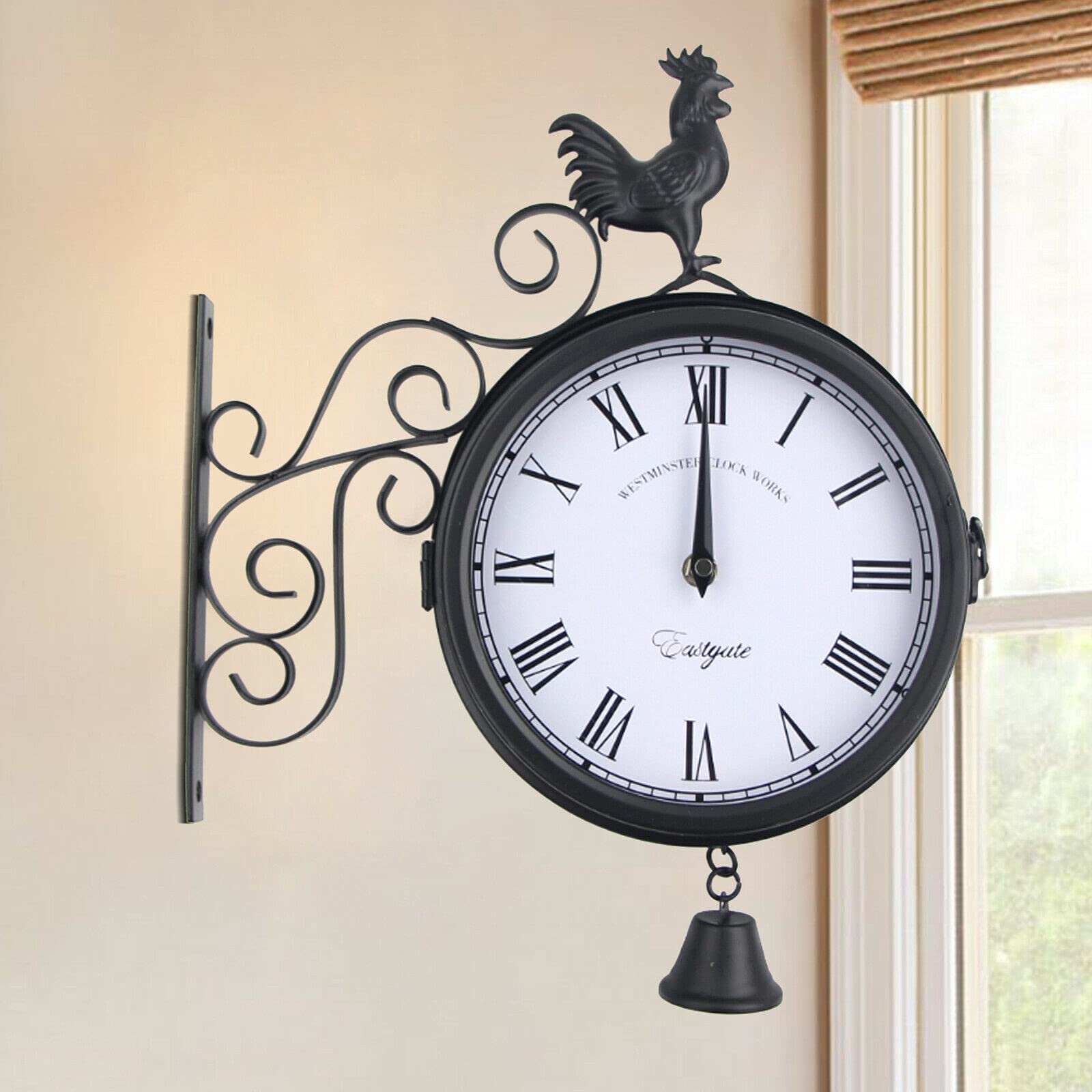 Reloj de pared retro, estilo antiguo, reloj de estación de tren de doble cara, metal redondo, para exteriores, decorativo, 30 x 9 x 37 cm, para jardín, pasillos, porche, estación de tren
