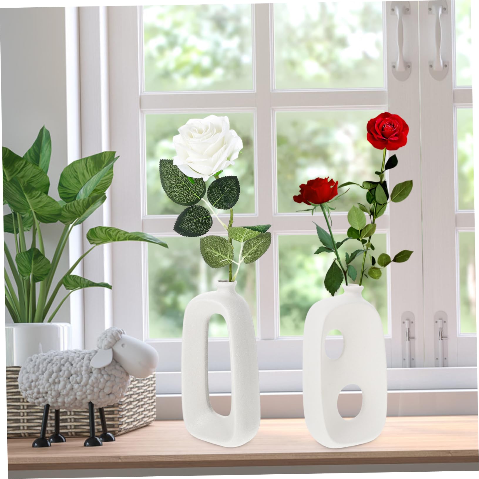 Jarrón de Cerámica Pequeño de Forma Especial Blanco 2 Piezas | Acabado Mate, Resistente al Desgaste y Finamente Procesado, para Flores y Plantas, Uso Hogar u Oficina