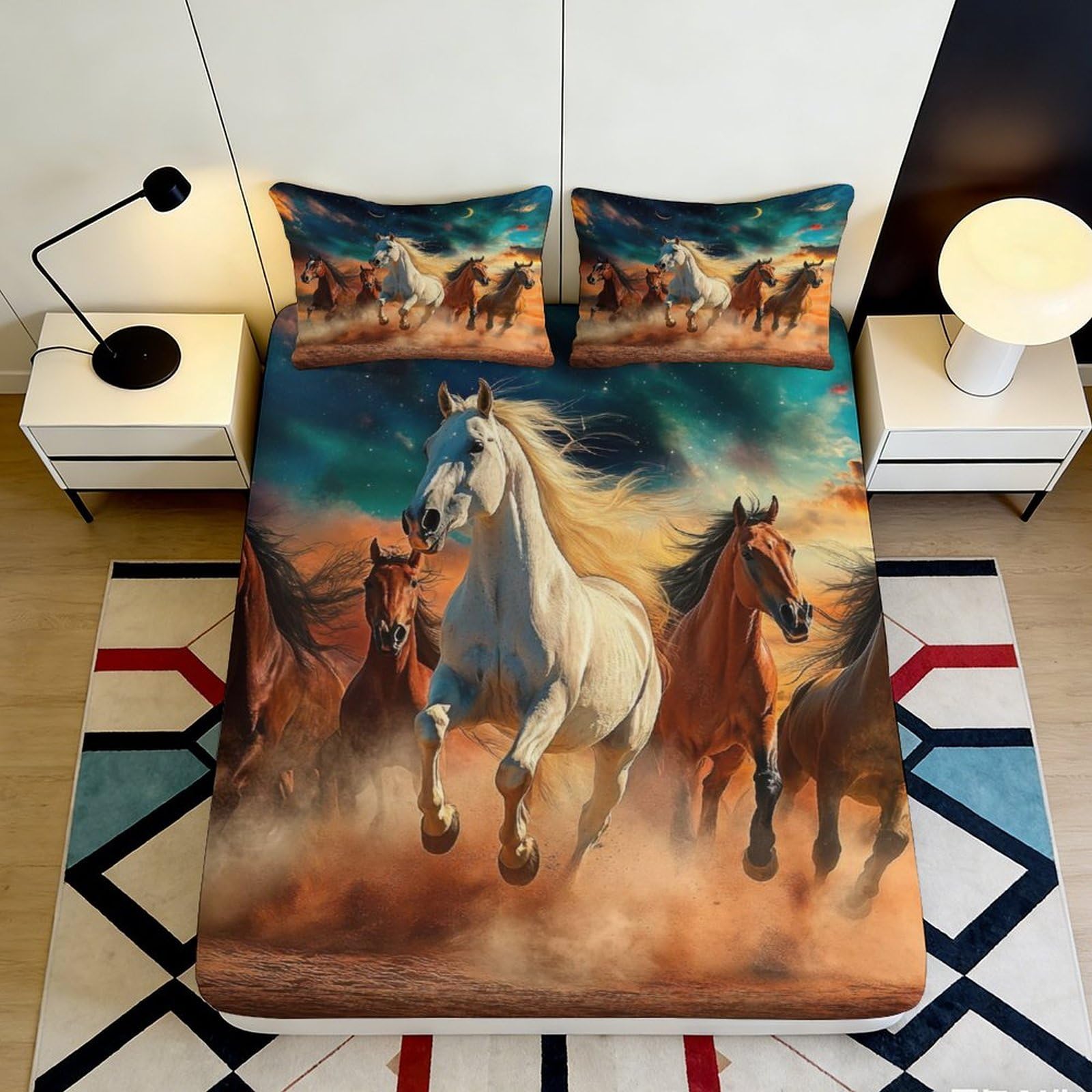 3D Printed Wild Horse Fitted Sheet Microfiber Deep Pocket Non-Slip Bedroom Bedding Horse Mattress Fitted Cover Elastic Washable 160x200x25cm