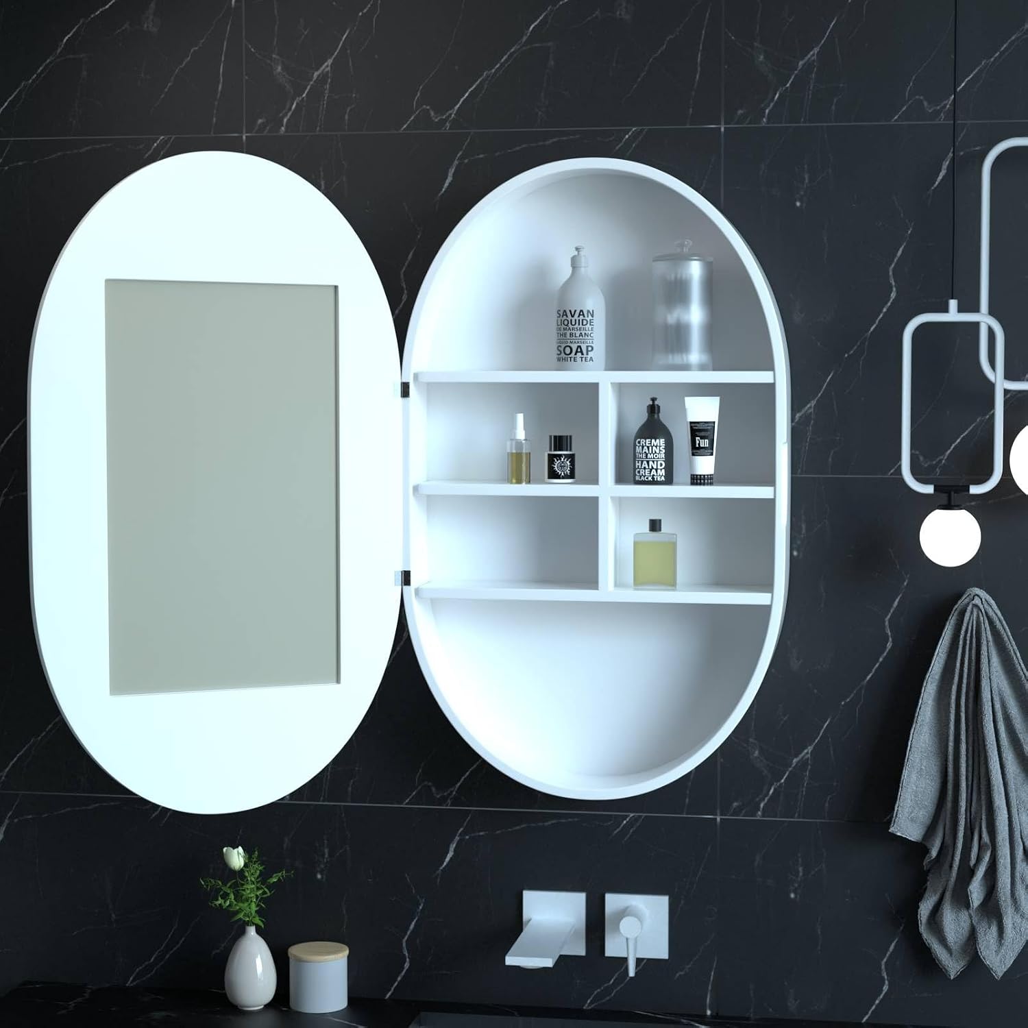 Medicine Cabinet Bathroom Space Saver Storage Oval Cabinets with Mirror Surface Wall Mounted Solid Wood Circular Frame 4 Level 19.7 X 30.7 inch (Style B, White)