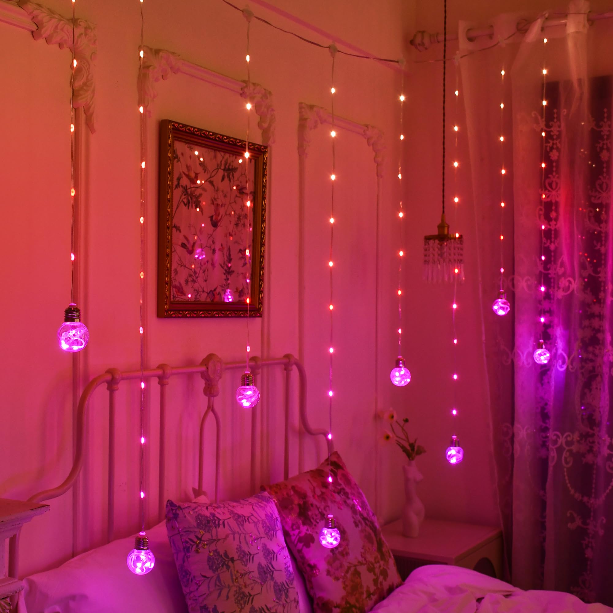 Rideau lumineux en forme de boule à souhaits changeant de couleur, 2,9 x 1,1 m RVB LED avec télécommande par application, synchronisation de la musique, toile de fond de fenêtre, lumières murales pour