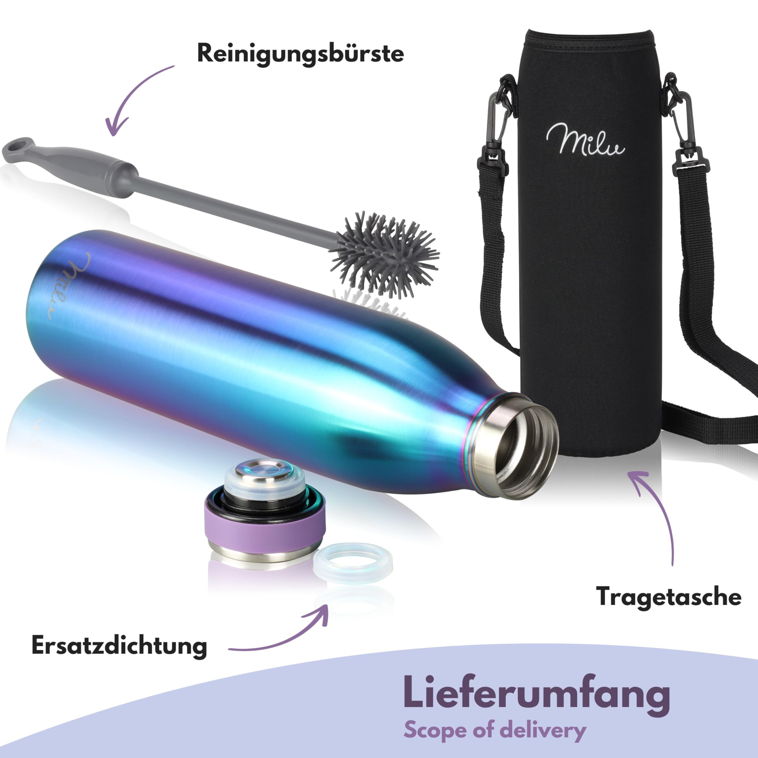 Milu Edelstahl Trinkflasche 1L Thermosflasche auslaufsicher Isolierflasche Kohlensäure geeignet inkl. Reinigungsbürste