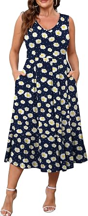 BELAROI Womens Plus Size Maxi Dress Summer Sleeveless V Neck Sundress Pockets Casual Beach Vacation Midi A Line Dress